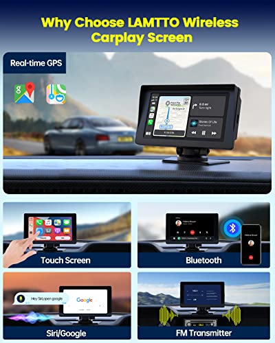 Wireless Apple Carplay & Android Auto for Car Stereo, Portable 7 Inch Apple Car Play Touch Screen Sync GPS Navigation Audio Car Radio Receiver for Car, Bluetooth, Siri, Multimedia Player, FM