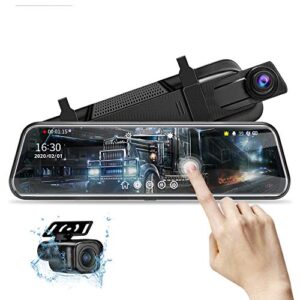 10” mirror dash cam night vision 1080p fhd full touch screen front and rear view backup camera for cars loop recording streaming media 170°wide angle parking assistance with 10 meters cable