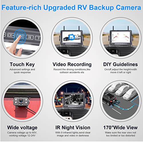 DoHonest RV Backup Camera Wireless HD 1080P 2 Infrared Night Vision Bluetooth Rear View Cam 7‘’ DVR Touch Key Monitor Kit Adapter for Furrion Pre-Wired RV Trailer Truck Camper Van 4 Channels V23