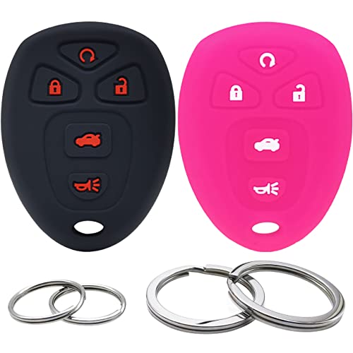 2Pcs Silicone 5Buttons Key Fob Cover Remote Case Protector Skin Compatible with Chevrolet Malibu Suburban Tahoe Traverse GMC Acadia Yukon Buick Enclave LaCrosse Cadillac Escalade SRX (Black & HotPink)