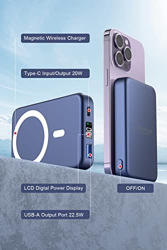 vatemax Power Bank Fast Charging, 10000mah Portable Charger Power Bank Magnetic Portable Charger 22.5W Wireless Power Bank USB PD QC3.0 Type-C Led Display Magnetic Power Bank (Blue)