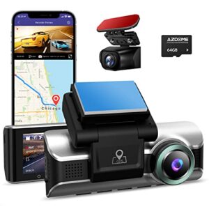 azdome 4k dual dash cam, built in wifi gps, with 64gb card, front 4k and rear 1080p car dashboard camera recorder, 3.19″ ips, night vision, capacitor, parking mode, support 256gb max m550-2ch