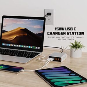 USB C Charger, 150W 7 Port USB C Charging Station 3 USB C and 4 USB A Portable USB C Wall Charger Laptop Power PD Adpter Fast Charger for with iPhone 14 Pro Max, MacBook, iPad Pro, Samsung, Google ect