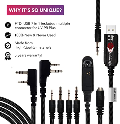 MIRKIT FTDI USB Baofeng Programming Cable 7 in 1 Compatible with Ham Radios: Baofeng UV-5R, UV-82, Baofeng BF888S, UV-9R, Baofeng BF-F8HP, Kenwood, UV-5R MK2/3/4/5, Motorola, Wouxun, Btech