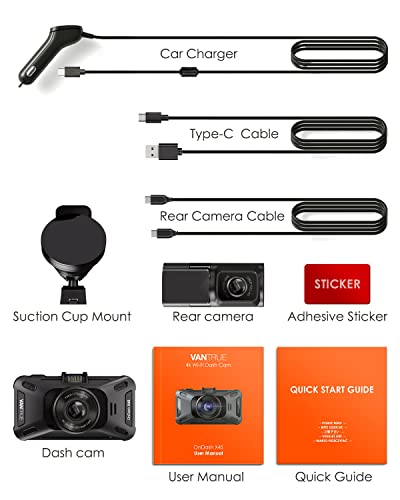 Vantrue X4S Duo True 4K Dual WiFi Dash Cam with Free APP, 4K+1080P Front and Rear Dash Camera, 24 Hours Parking Mode, Super Night Vision, Motion Detection, Front 60FPS, Capacitor, Support 512GB Max