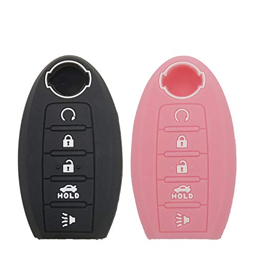 2Pcs EXUNTECH Silicone 5 Buttons Smart Key Fob Skin Cover Case Protector Keyless Jacket Remote Holder for 2019 2018 2017 Nissan Armada Rogue Maxima Altima Sedan Pathfinder KR5S180144014, Black Pink