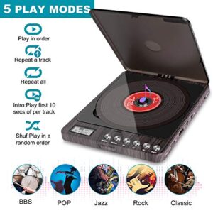 CD Player Portable, MONODEAL Portable Rechargeable CD Player with Dual Headphones Jack, Small Anti-Skip CD Player for Car/Travel/Home Portable, Personal CD Player for Adults Kids (Dark Brown)