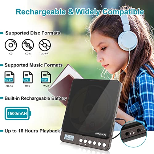 CD Player Portable, MONODEAL Portable Rechargeable CD Player with Dual Headphones Jack, Small Anti-Skip CD Player for Car/Travel/Home Portable, Personal CD Player for Adults Kids (Dark Brown)