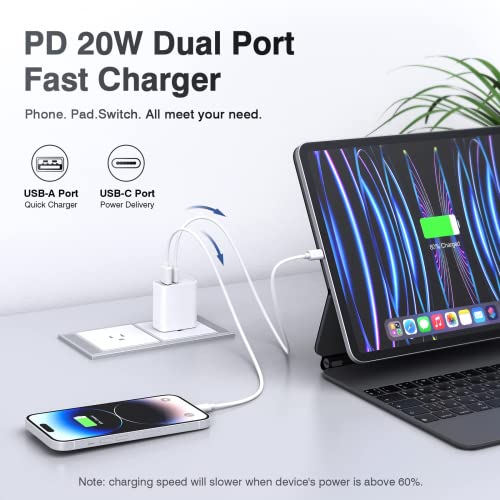 USB C Wall Charger Block 20W, 2-Pack Dual Port PD Power Delivery Fast Charger Block Plug Adapter. 20W Power Delivery + QC3.0 USB A Double Port Fast Charging Block for iPhone 11/12/13/14/Pro Max,Galaxy