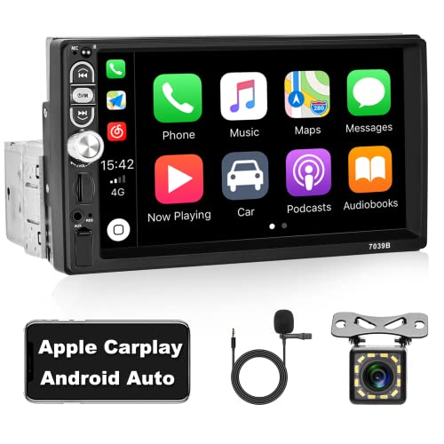 Apple CarPlay Head Unit Single Din Touchscreen Car Stereo with Bluetooth and Backup Camera 7 Inch Car Radio with Android Auto Mirror Link USB Charging & FM AUX TF