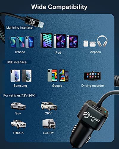 iPhone Car Charger,32W Car Charger iPhone [Apple MFi C94 Certified] Fast Charging Adapter with 6.5ft Coiled Lightning Cable for Apple iPhone 14/13/12/11/Xs/XS Max/XR/X/8/7/6s/6 Plus,iPad & More