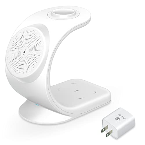 3 in 1 Magnetic Wireless Charger, with 20W USB-C Adapter, Neluxfe Charging Station Compatible with MagSafe Stand for Apple iPhone 14 13 12 Plus Pro Max, iWatch 1-8, AirPods (White)