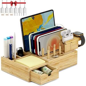 bamboo charging station for multiple devices – darfoo desktop docking station organizer compatible with cell phones, tablet, smart watch & earbuds (included 6 mixed cables, no usb charger)