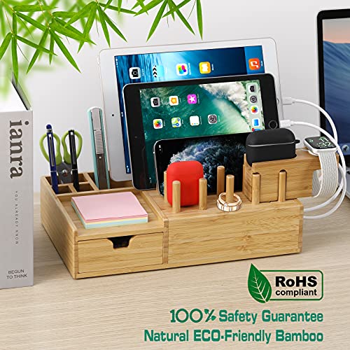 Bamboo Charging Station for Multiple Devices - Darfoo Desktop Docking Station Organizer Compatible with Cell Phones, Tablet, Smart Watch & Earbuds (Included 6 Mixed Cables, No USB Charger)