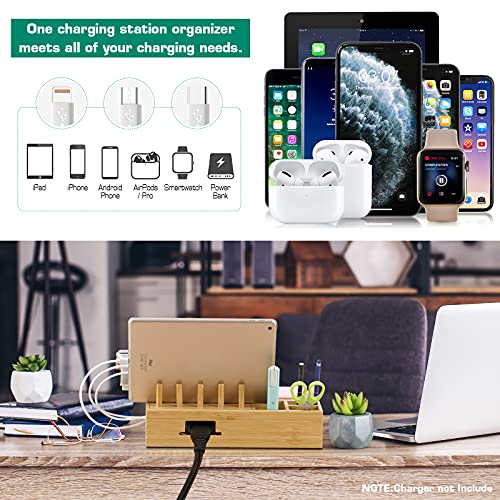 Bamboo Charging Station for Multiple Devices - Darfoo Desktop Docking Station Organizer Compatible with Cell Phones, Tablet, Smart Watch & Earbuds (Included 6 Mixed Cables, No USB Charger)