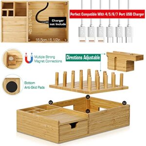 Bamboo Charging Station for Multiple Devices - Darfoo Desktop Docking Station Organizer Compatible with Cell Phones, Tablet, Smart Watch & Earbuds (Included 6 Mixed Cables, No USB Charger)