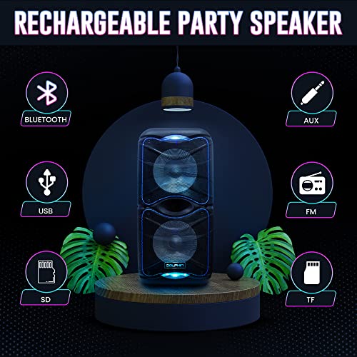 Dolphin SP-212RBT Portable Bluetooth Party Speaker with Lights and PA System with Expandable Battery