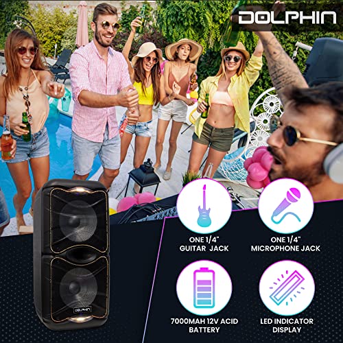 Dolphin SP-212RBT Portable Bluetooth Party Speaker with Lights and PA System with Expandable Battery