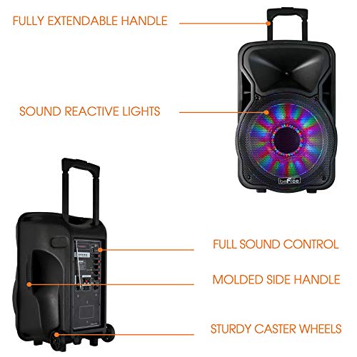 beFree Sound 12 Inch 2500 Watt Bluetooth Rechargeable Portable Party PA Speaker with Illuminating Lights,Black,BFS-12 Portable Speaker