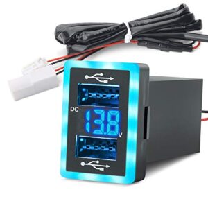 mictuning upgraded dual usb port 6.4a qc3.0 quick charger with blue led digital voltmeter replacement for toyota, compatible with cellphone ipad pda laptop gps (surface size 1.3 x 0.9 inches)
