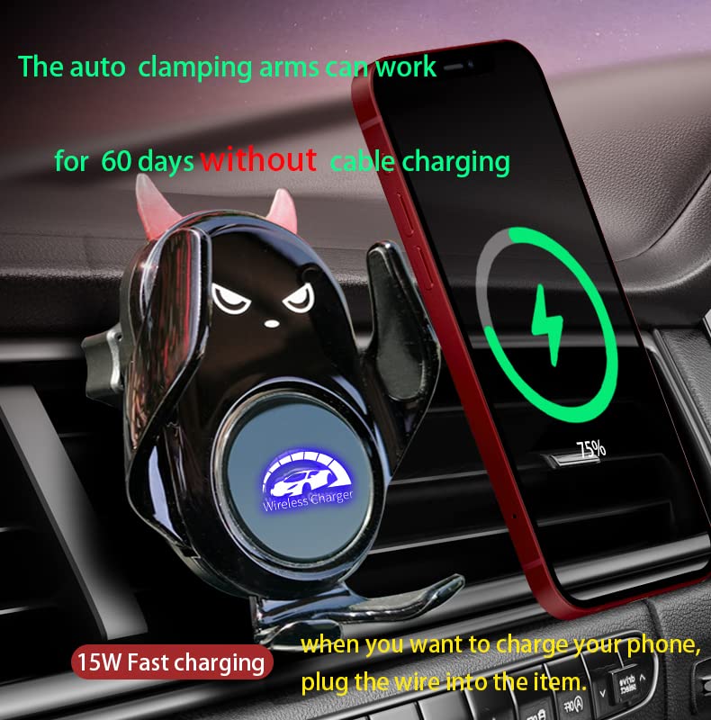 Peanutech Wireless Car Charger Mount Auto Clamping 15W Fast Charging Cute Demon Design for iPhone 14/14Pro/13/ 13Pro/12/12Pro/SE/11/11Pro/XSMax/XS/XR/X,Samsung S22/21/20/ 10/9/8/Note20/10/9 …