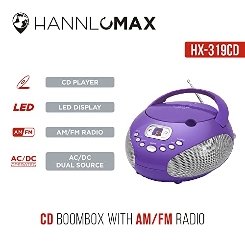 HANNLOMAX HX-319CD Portable CD Boombox, AM/FM Radio, LED Display, Aux-in Jack, AC/DC Dual Power Source (Purple)