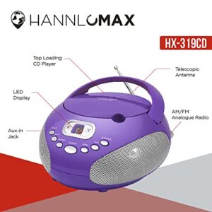 HANNLOMAX HX-319CD Portable CD Boombox, AM/FM Radio, LED Display, Aux-in Jack, AC/DC Dual Power Source (Purple)