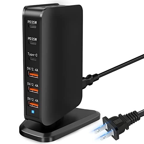 USB C Multiport Charger, RISWOJOR 95W 6 Port USB C Charging Station with Dual PD 35W (PPS 36W), Multiple USB Charging Station Fast Charger is Compatible with Smartphone, AirPods, iPad Tablets and More