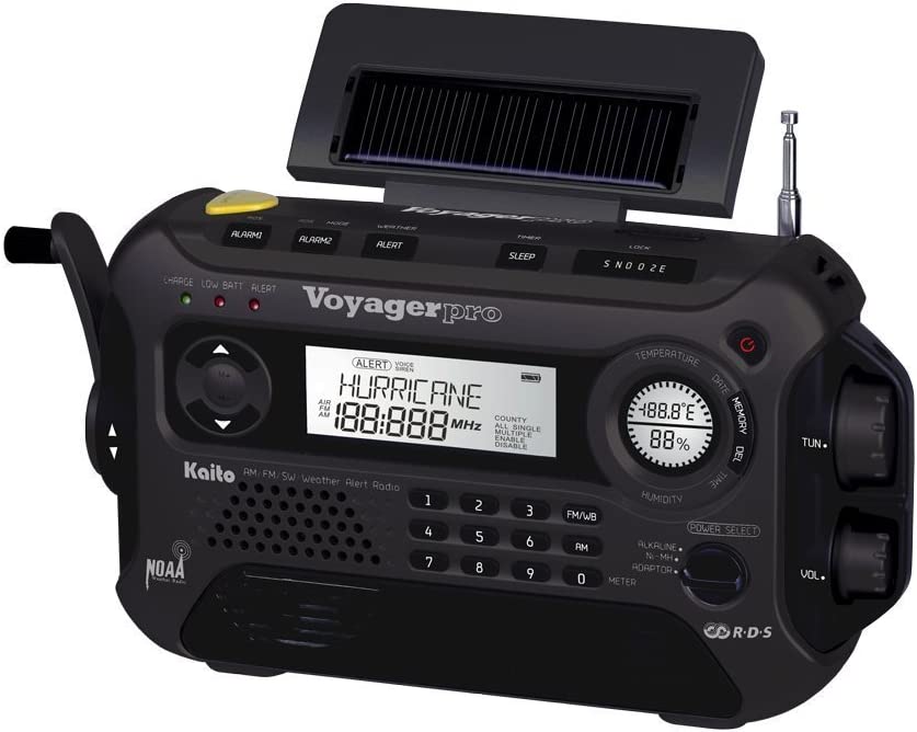 Kaito Voyager Pro KA600 Digital Solar Dynamo Crank Wind Up AM/FM/LW/SW & NOAA Weather Emergency Radio with Alert & RDS, Flashlight and Reading Lamp + Smart Phone Charger, Black