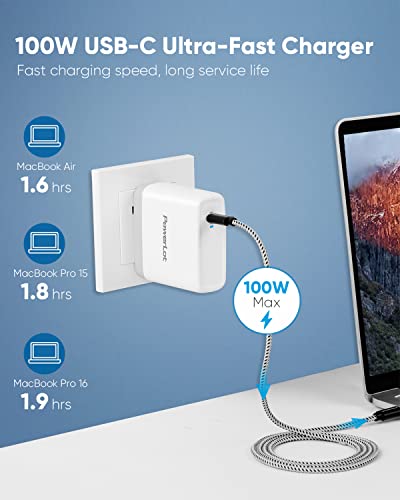 100W USB C Charger PowerLot Fast Wall Charger PD 3.0 GaN Type C Charging, Power Adapter with 5A 6ft Cable, Universal Charger Block for MacBook, iPad, iPhone 14, Pixel, Chromebook and USB-C Laptops