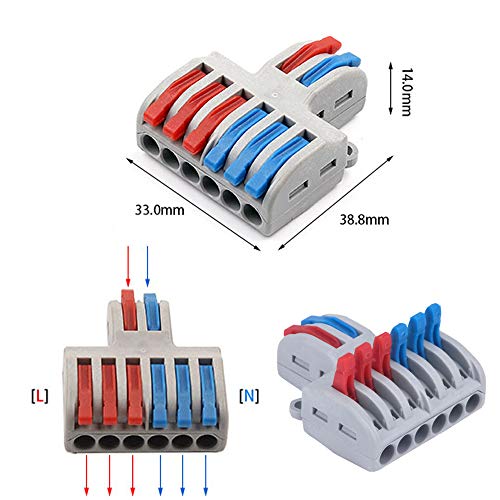 tatoko 10PCS Mini Fast Wire Connector Universal Wiring Cable Connector Push-in Conductor Terminal Block Two in and Six Out