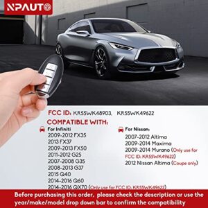 NPAUTO Key Fob Replacement Fits for Nissan Altima 2007-2012, Maxima Murano 09-14, Infiniti G25 G35 G37 FX35 Q60 & More Keyless Entry Remote Control Smart Proximity Car Key Fobs KR55WK48903 KR55WK49622