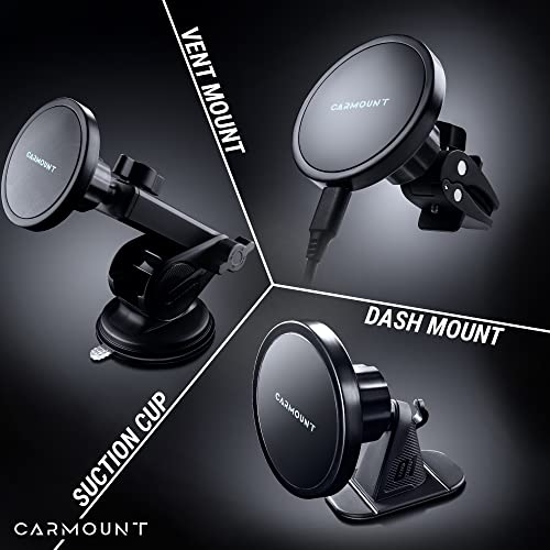 CarMount X1 Wireless Charging Mount 2.0 iPhone 12/13/14 Holder with Vent, Dashboard and Windshield Attachment; Up to 15W Fast Charge, Adjustable Easy Access 360° Rotation