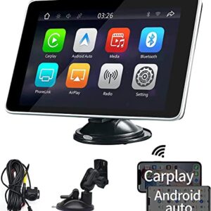 Wireless Portable Car Stereo with Rear Camera Dash or Windshield Mounted 7.5” IPS Touchscreen Car Receiver Compatible with Apple Carplay/Android Auto，Bluetooth，Mirror Link，Google，Siri Assistant