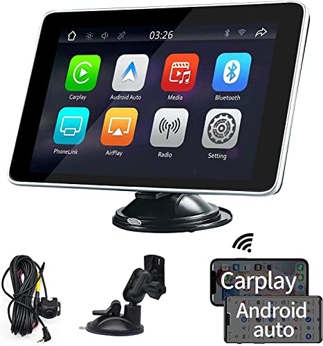 Wireless Portable Car Stereo with Rear Camera Dash or Windshield Mounted 7.5” IPS Touchscreen Car Receiver Compatible with Apple Carplay/Android Auto，Bluetooth，Mirror Link，Google，Siri Assistant