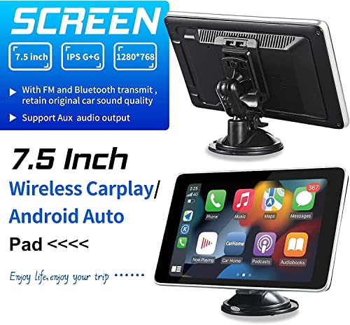 Wireless Portable Car Stereo with Rear Camera Dash or Windshield Mounted 7.5” IPS Touchscreen Car Receiver Compatible with Apple Carplay/Android Auto，Bluetooth，Mirror Link，Google，Siri Assistant