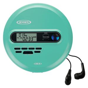 jensen cd-65 teal portable personal cd player cd/mp3 player + digital am/fm radio + with lcd display bass boost 60-second anti skip cd r/rw/compatible sport earbuds included (limited edition color)