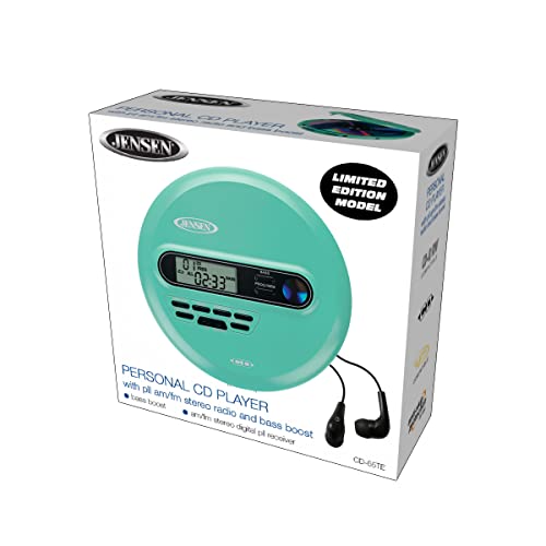 Jensen CD-65 Teal Portable Personal CD Player CD/MP3 Player + Digital AM/FM Radio + with LCD Display Bass Boost 60-Second Anti Skip CD R/RW/Compatible Sport Earbuds Included (Limited Edition Color)