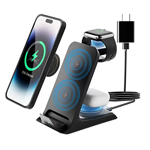 Wireless Charging Station for Apple Products - Thick Case Friendly 3 in 1 Wireless Charger Stand for iPhone 14 13 12 11/Apple Watch/Airpods, (Adapter Included)