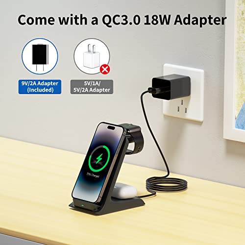 Wireless Charging Station for Apple Products - Thick Case Friendly 3 in 1 Wireless Charger Stand for iPhone 14 13 12 11/Apple Watch/Airpods, (Adapter Included)