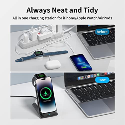 Wireless Charging Station for Apple Products - Thick Case Friendly 3 in 1 Wireless Charger Stand for iPhone 14 13 12 11/Apple Watch/Airpods, (Adapter Included)