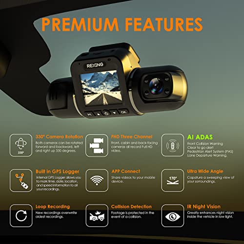 REXING V2 PRO AI Dash CAM, 3 Channel Front Cabin Rear 1080p Recording,2.7” LCD,WiFi,Mobile App,GPS,Night Vision,Artificial Intelligence Dash Camera ADAS, Collision, Pedestrian,Lane Departure Warning