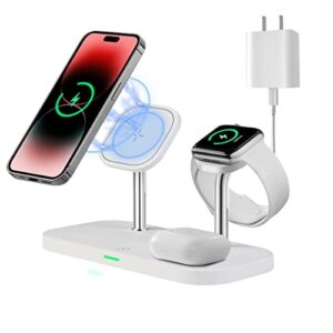 3 in 1 wireless charging station for magsafe,15w fast magnetic wireless charger with 20w pd adapter and led night light compatible with iphone 14/13/12 series,apple watch and airpods(white)