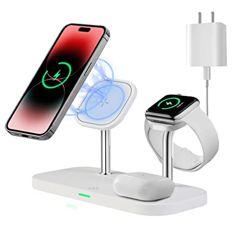 3 in 1 Wireless Charging Station for MagSafe,15W Fast Magnetic Wireless Charger with 20W PD Adapter and LED Night Light Compatible with iPhone 14/13/12 Series,Apple Watch and AirPods(White)