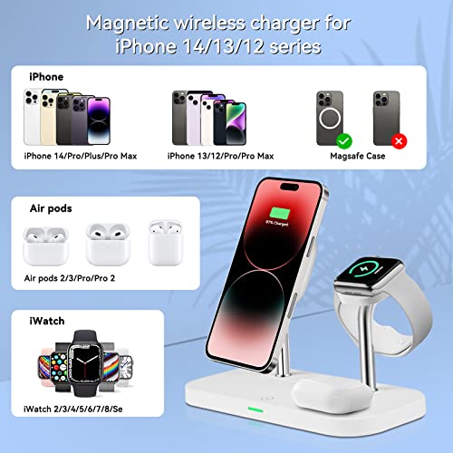 3 in 1 Wireless Charging Station for MagSafe,15W Fast Magnetic Wireless Charger with 20W PD Adapter and LED Night Light Compatible with iPhone 14/13/12 Series,Apple Watch and AirPods(White)