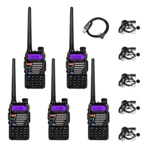 5 pack baofeng uv-5r+ plus ham radio handheld, dual band two way radio rechargeable long range walkie talkies, with earpiece & programming cable (black)