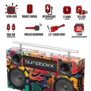 Bumpboxx Bluetooth Boombox Freestyle V3s NYC Graffiti | Old School Wireless Boombox with Bluetooth Speaker | Includes Rechargeable Battery for 12 Hours of Music, Remote & Wireless Microphone