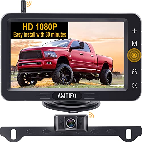 AMTIFO Wireless Backup Camera HD 1080P Bluetooth Rear View 5 Inch Split Screen Touch Key Monitor Car Truck Camper License Plate Cam System 2 Channels Waterproof Clear Night Vision DIY Guide Lines A6