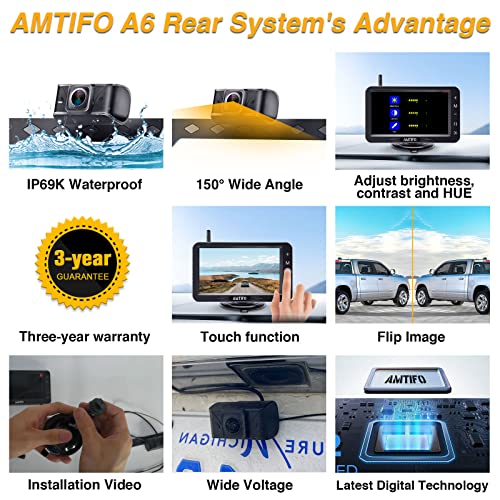 AMTIFO Wireless Backup Camera HD 1080P Bluetooth Rear View 5 Inch Split Screen Touch Key Monitor Car Truck Camper License Plate Cam System 2 Channels Waterproof Clear Night Vision DIY Guide Lines A6