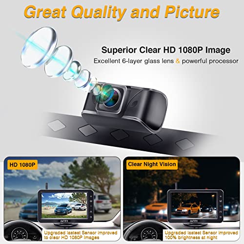 AMTIFO Wireless Backup Camera HD 1080P Bluetooth Rear View 5 Inch Split Screen Touch Key Monitor Car Truck Camper License Plate Cam System 2 Channels Waterproof Clear Night Vision DIY Guide Lines A6